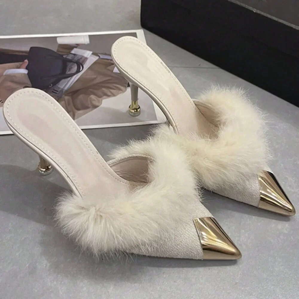 Beige Elegant Women's High Heel Mules